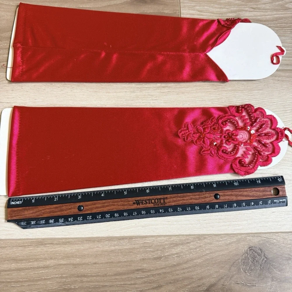 Red Satiny Opera Gloves Lace and Sequin Formal Evening Party